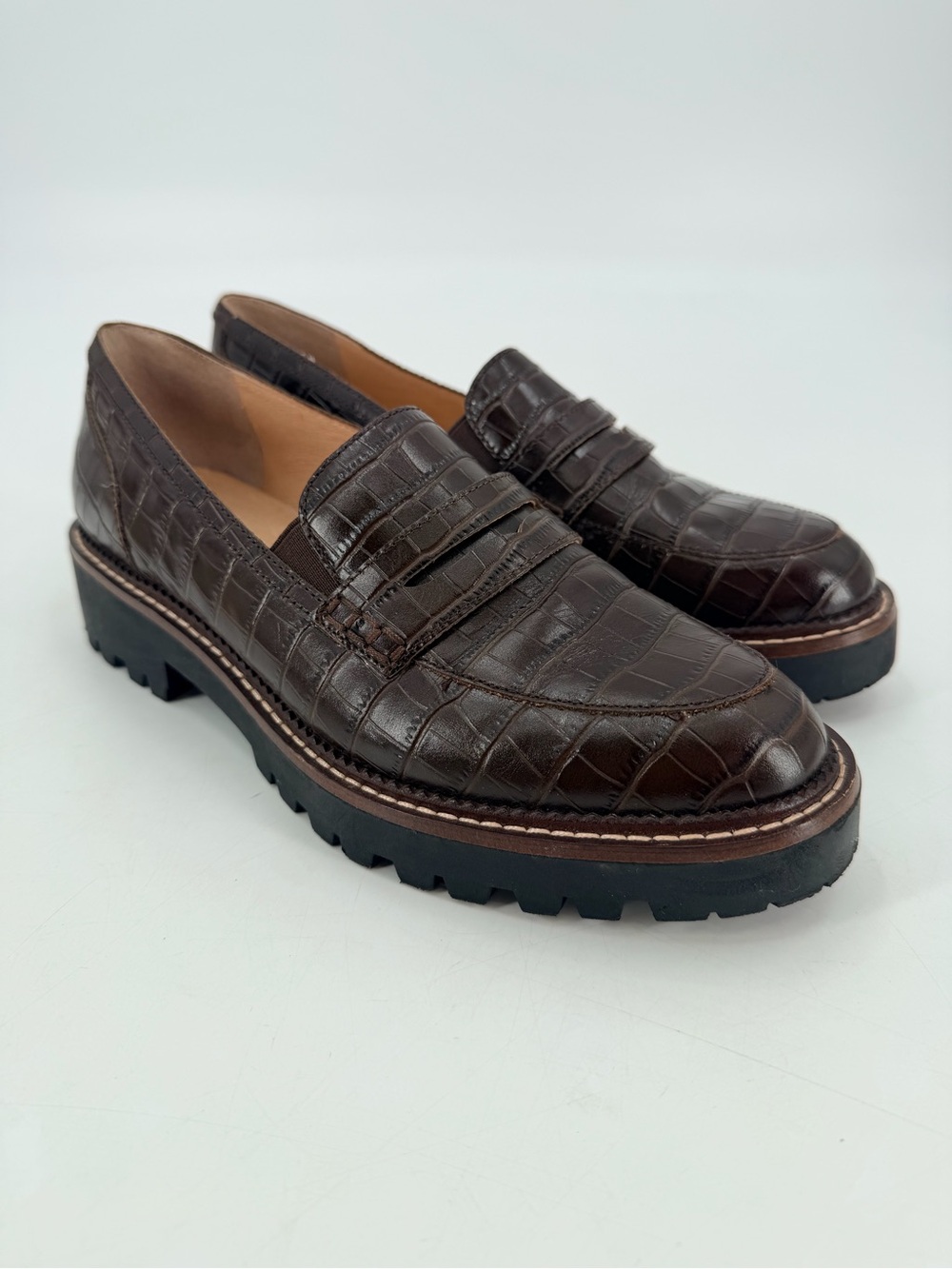 J. Jill Maeve Leather Brown Croc Embossed Lug Sole Loafers 9